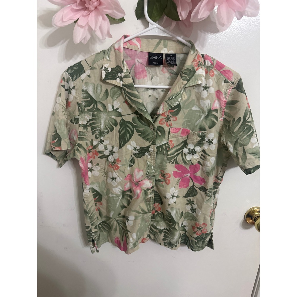 Erika Top Womens Small Beige Green Pink Floral Hawaiian Button Front Casual